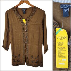 NEW Vintage Top Size Small Button Up Boho Brown Embroidered Beaded renaissance